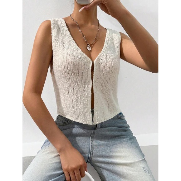 Shein Knit‎ Vest Sleeveless Sweater Button Up Cream Textured Top Size L - Picture 1 of 6